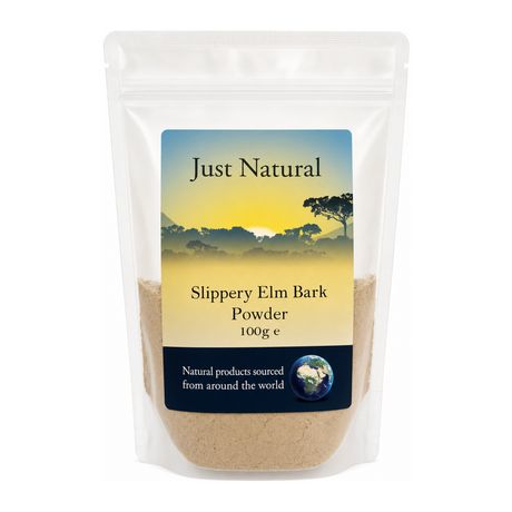 Just Natural Speciality Slippery Elm Inner Bark Powder by Just Natural Natural Remedies — front view showing product label and branding, studio product photo on white background