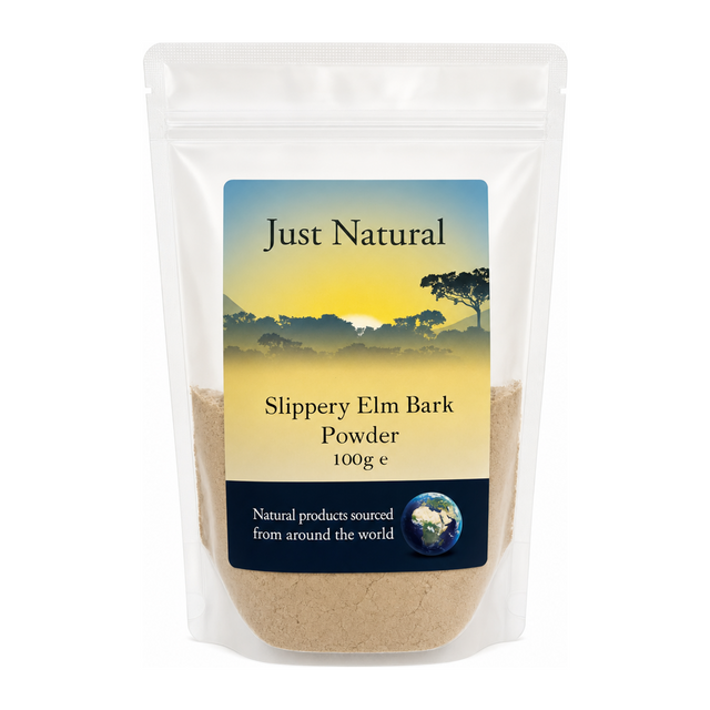 Just Natural Speciality Slippery Elm Inner Bark Powder by Just Natural Natural Remedies — front view showing product label and branding, studio product photo on white background