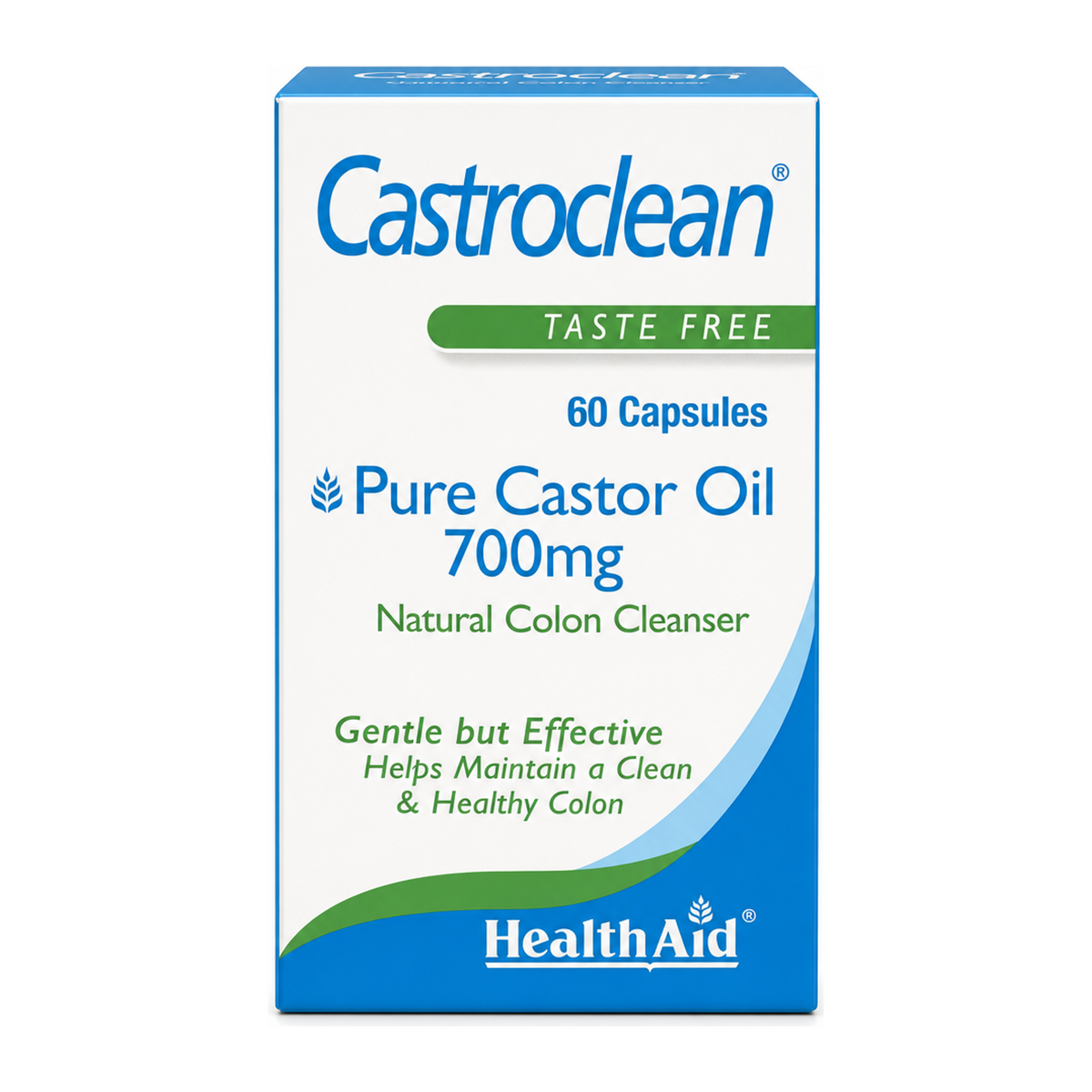 HealthAid Castroclean (Castor Oil 700mg) Capsules by HealthAid Natural Remedies — front view showing product label and branding, studio product photo on white background