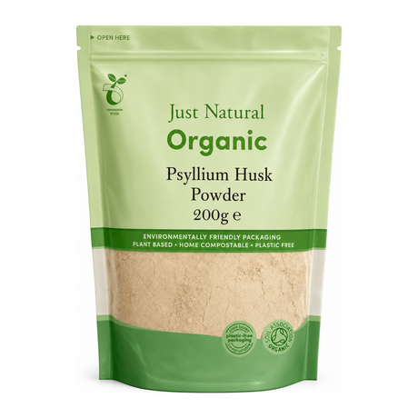 Just Natural Organic Psyllium Husk Powder by Just Natural Natural Remedies — front view showing product label and branding, studio product photo on white background