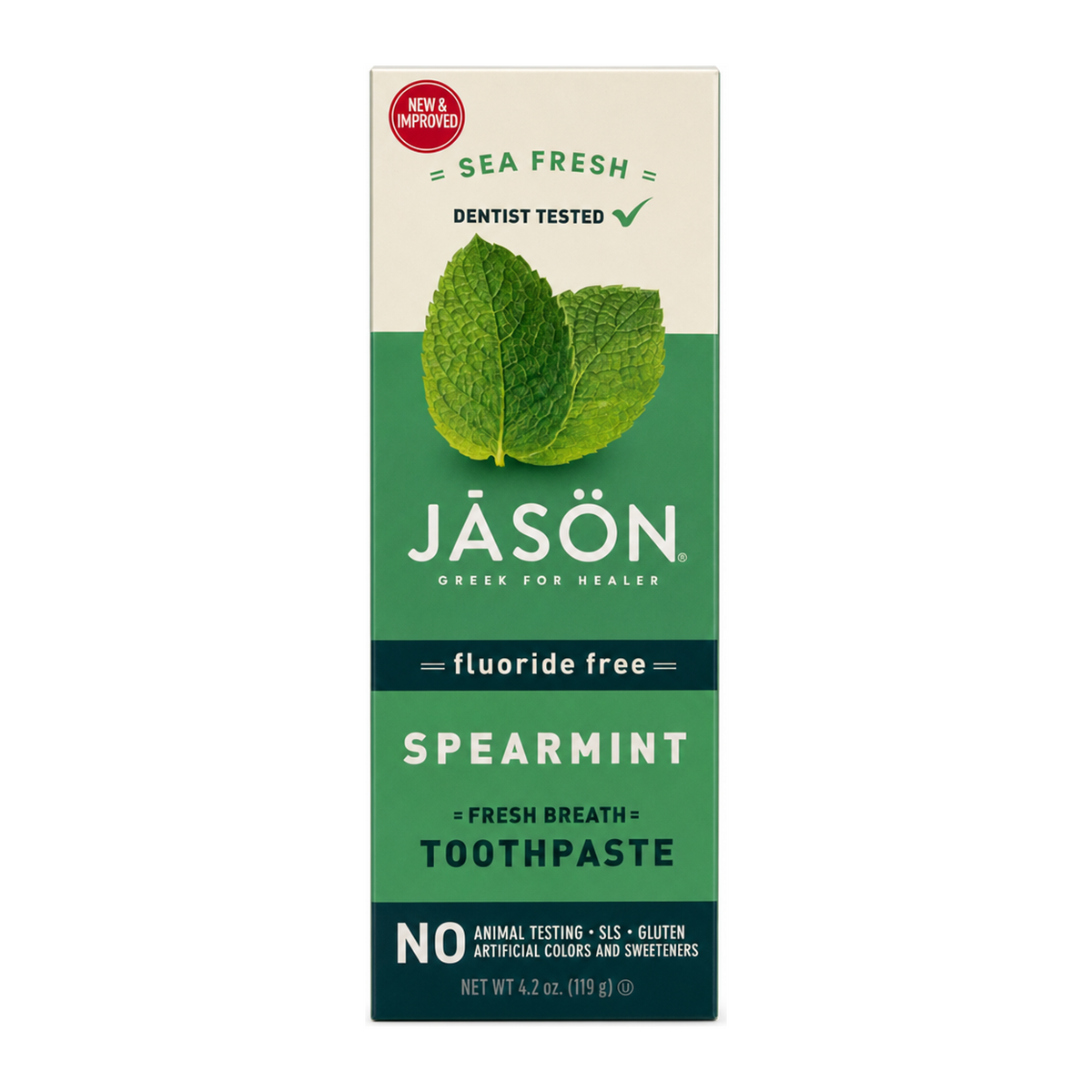 Jason Sea Fresh Blue/Green Algae Spearmint Toothpaste (SEA FRESH) by Jāsön Natural Beauty — front view showing product label and branding, studio product photo on white background