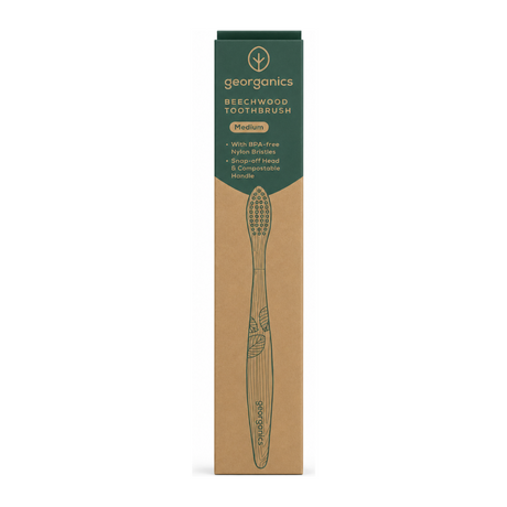 Georganics Beechwood Toothbrush - Medium Bristles by Georganics Lifestyle — front view showing product label and branding, studio product photo on white background