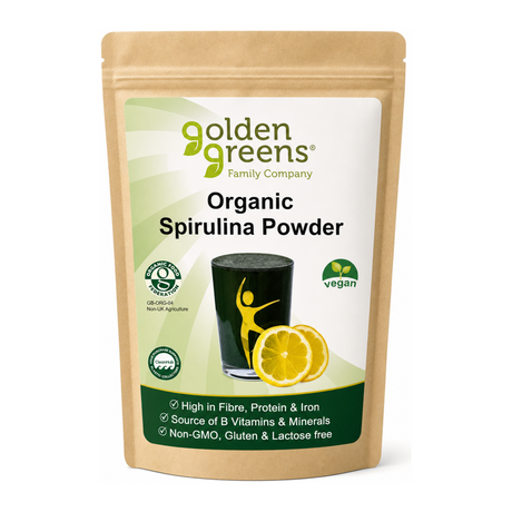 Greens Organic Spirulina Powder by Golden Greens Natural Remedies — front view showing product label and branding, studio product photo on white background