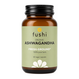 Fushi Wellbeing Ashwagandha Capsules Organic 60 Veg Caps by Fushi Natural Remedies — front view showing product label and branding, studio product photo on white background