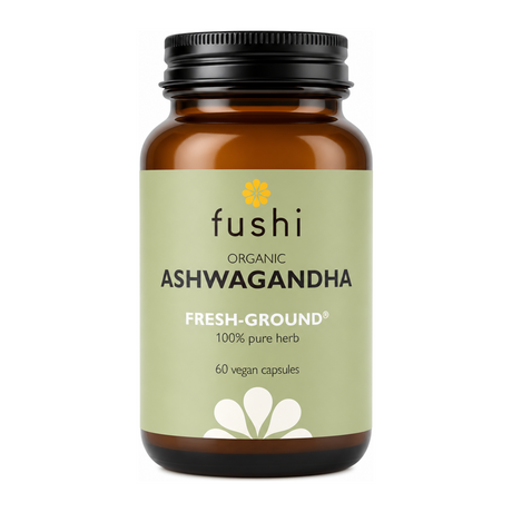 Fushi Wellbeing Ashwagandha Capsules Organic 60 Veg Caps by Fushi Natural Remedies — front view showing product label and branding, studio product photo on white background