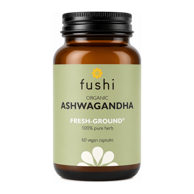 Fushi Wellbeing Ashwagandha Capsules Organic 60 Veg Caps by Fushi Natural Remedies — front view showing product label and branding, studio product photo on white background