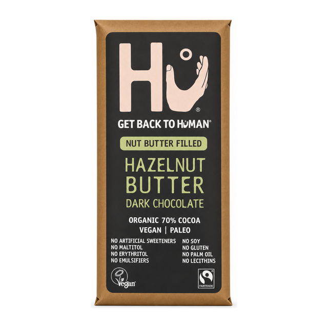 Hu Hazelnut Butter Dark Chocolate Bar by Hu Food & Drinks — front view showing product label and branding, studio product photo on white background