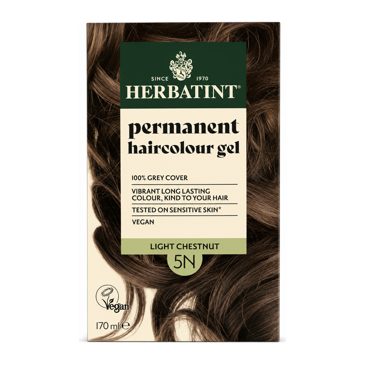 Herbatint Light Chestnut Ammonia Free hair Colour 5N by Herbatint Natural Beauty — front view showing product label and branding, studio product photo on white background