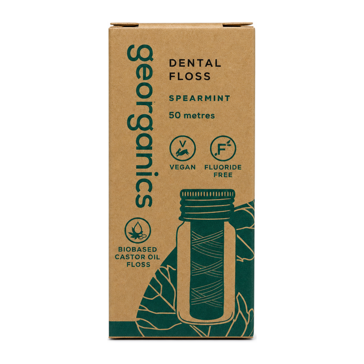 Georganics Dental Floss with Canister - Peppermint 50m by Georganics Lifestyle — front view showing product label and branding, studio product photo on white background