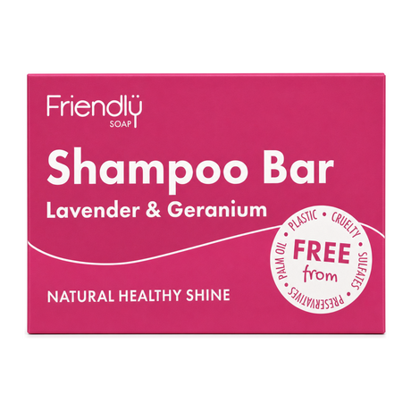 Friendly Soap Natural Shampoo Bar - Lavender & Geranium by Friendly Soap Natural Beauty — front view showing product label and branding, studio product photo on white background