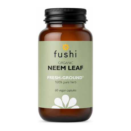 Fushi Wellbeing Neem Leaf Capsules Organic 60 Veg Caps by Fushi Natural Remedies — front view showing product label and branding, studio product photo on white background