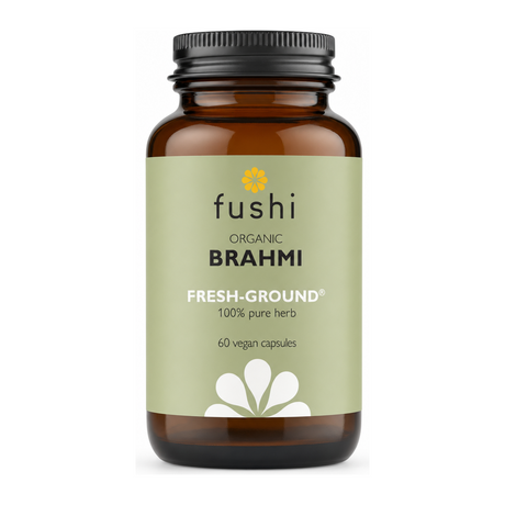 Fushi Wellbeing Brahmi Capsules Organic 60 Veg Caps by Fushi Natural Remedies — front view showing product label and branding, studio product photo on white background