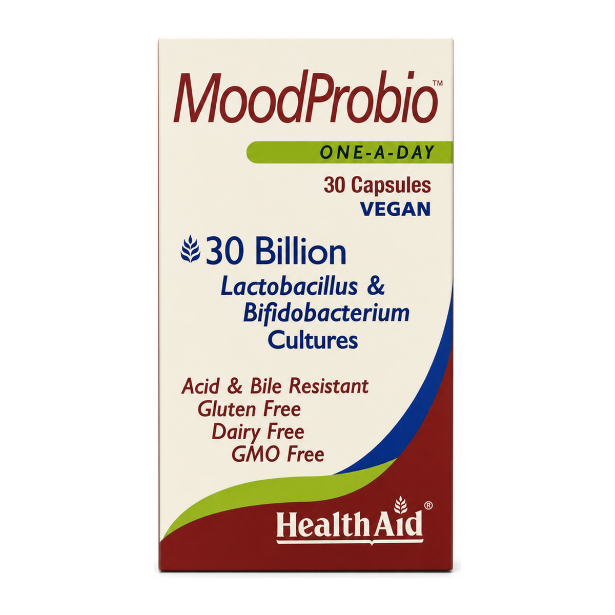 HealthAid Mood Probio Capsules by HealthAid Natural Remedies — front view showing product label and branding, studio product photo on white background