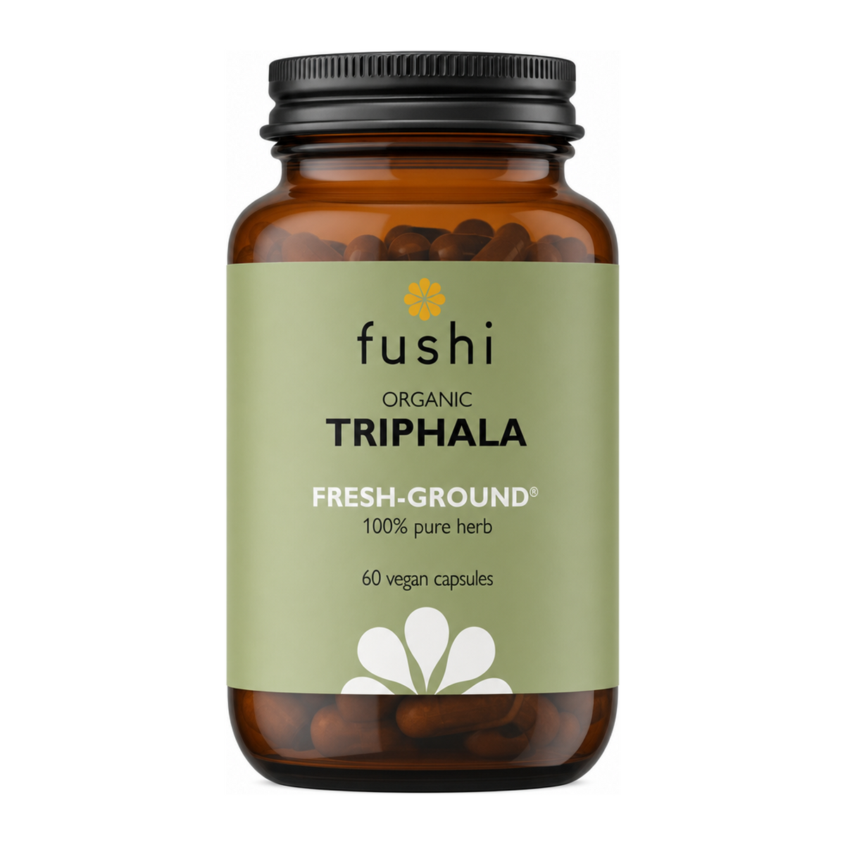Fushi Wellbeing Triphala Capsules Organic 60 Veg Caps by Fushi Natural Remedies — front view showing product label and branding, studio product photo on white background