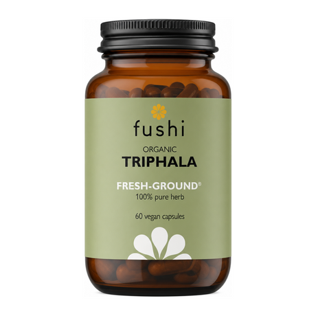 Fushi Wellbeing Triphala Capsules Organic 60 Veg Caps by Fushi Natural Remedies — front view showing product label and branding, studio product photo on white background