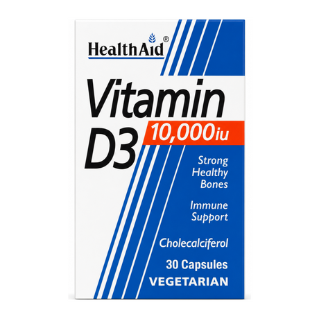 HealthAid Vitamin D3 10,000iu - 30 Vegicaps by HealthAid Natural Remedies — front view showing product label and branding, studio product photo on white background