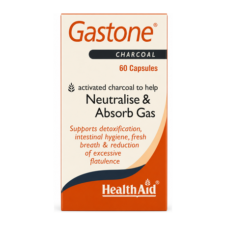 HealthAid Gastone (Activated Charcoal) Capsules by HealthAid Natural Remedies — front view showing product label and branding, studio product photo on white background