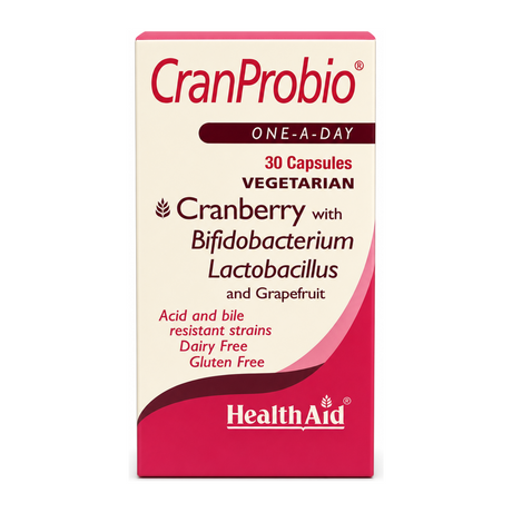 HealthAid Cranprobio (Cranberry Probiotic 5 Billion) - 30 Vegicaps by HealthAid Natural Remedies — front view showing product label and branding, studio product photo on white background