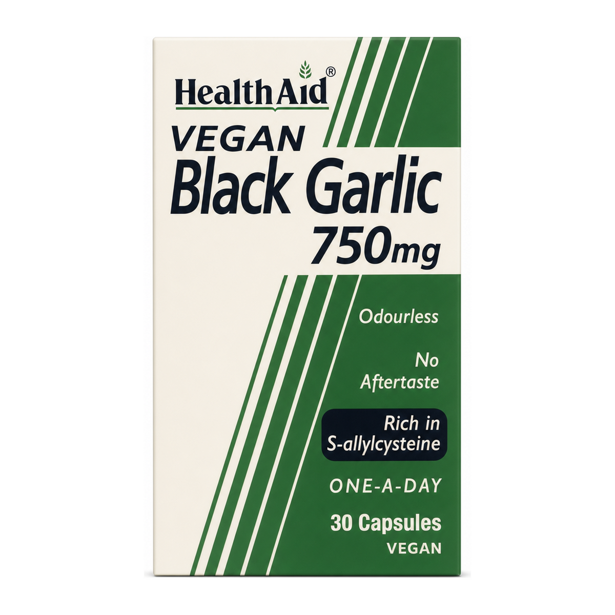 HealthAid Black Garlic 750mg - 30 Vegicaps by HealthAid Natural Remedies — front view showing product label and branding, studio product photo on white background