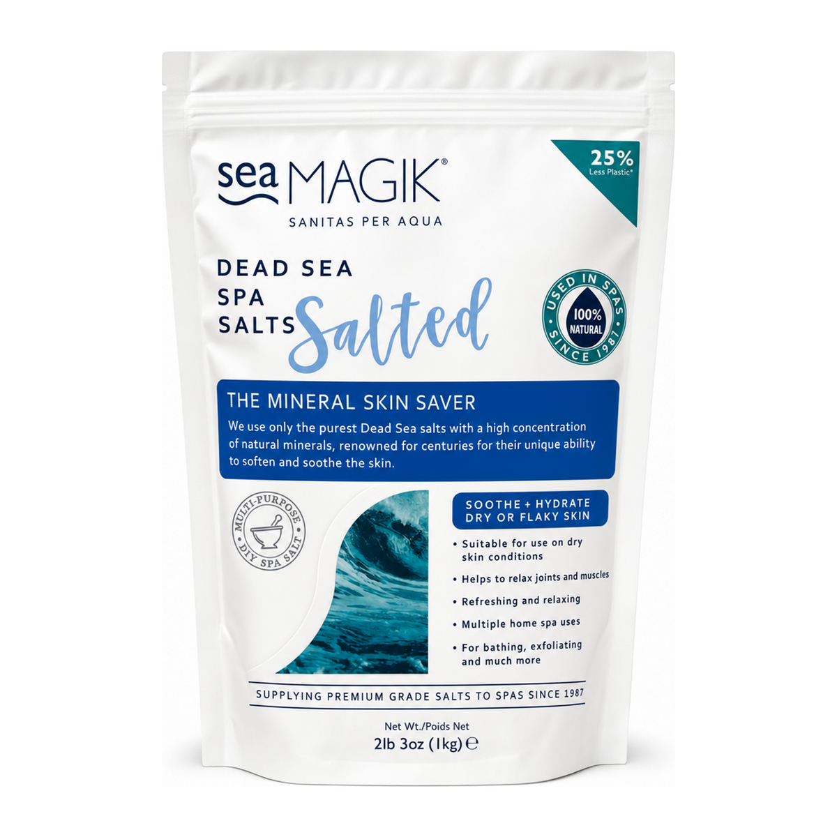 Dead Sea Spa Magik Dead Sea Spa Salts by Sea Magik Natural Beauty — front view showing product label and branding, studio product photo on white background