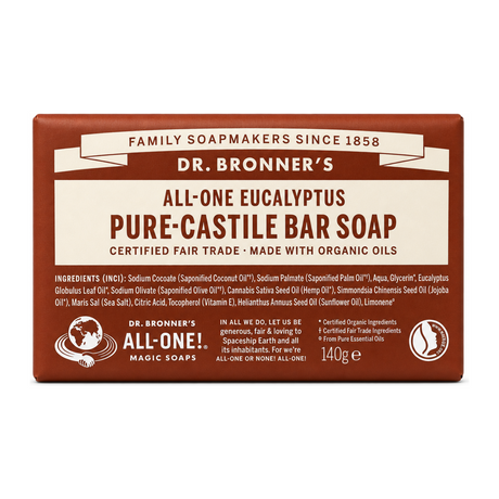 Dr. Bronner's Eucalyptus Pure-Castile Bar Soap by Dr. Bronner's Natural Beauty — front view showing product label and branding, studio product photo on white background