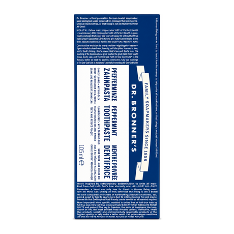 Dr. Bronner's Peppermint Toothpaste by Dr. Bronner's Natural Beauty — front view showing product label and branding, studio product photo on white background