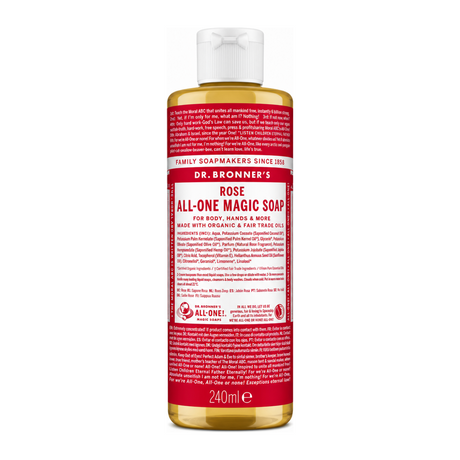 Dr Bronner's Organic Rose All-One Magic Soap by Dr. Bronner's Natural Beauty — front view showing product label and branding, studio product photo on white background