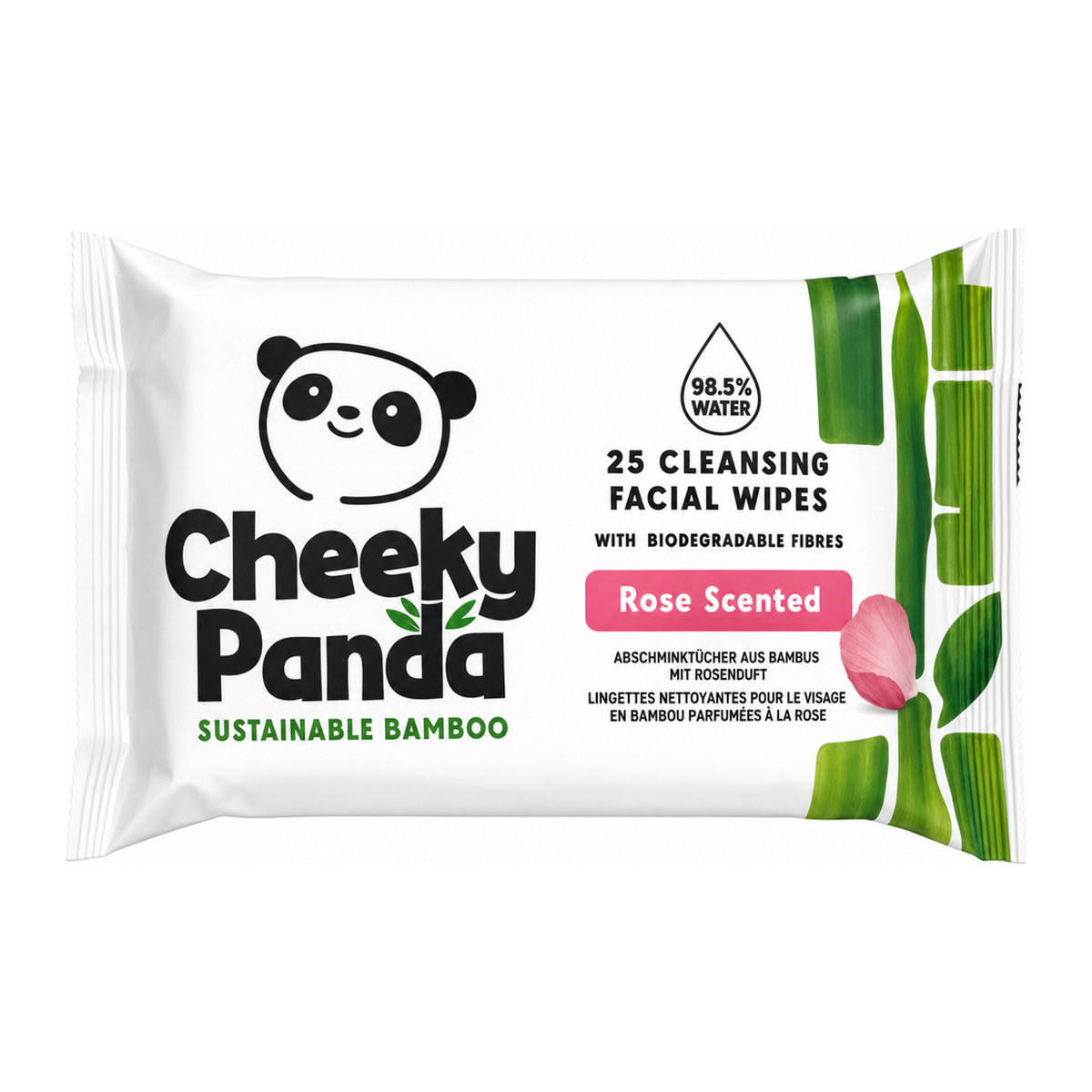 Cheeky Panda 100% Bamboo Facial Cleansing Wipes Rose Scented 25 Wipes by Cheeky Panda Natural Beauty — front view showing product label and branding, studio product photo on white background