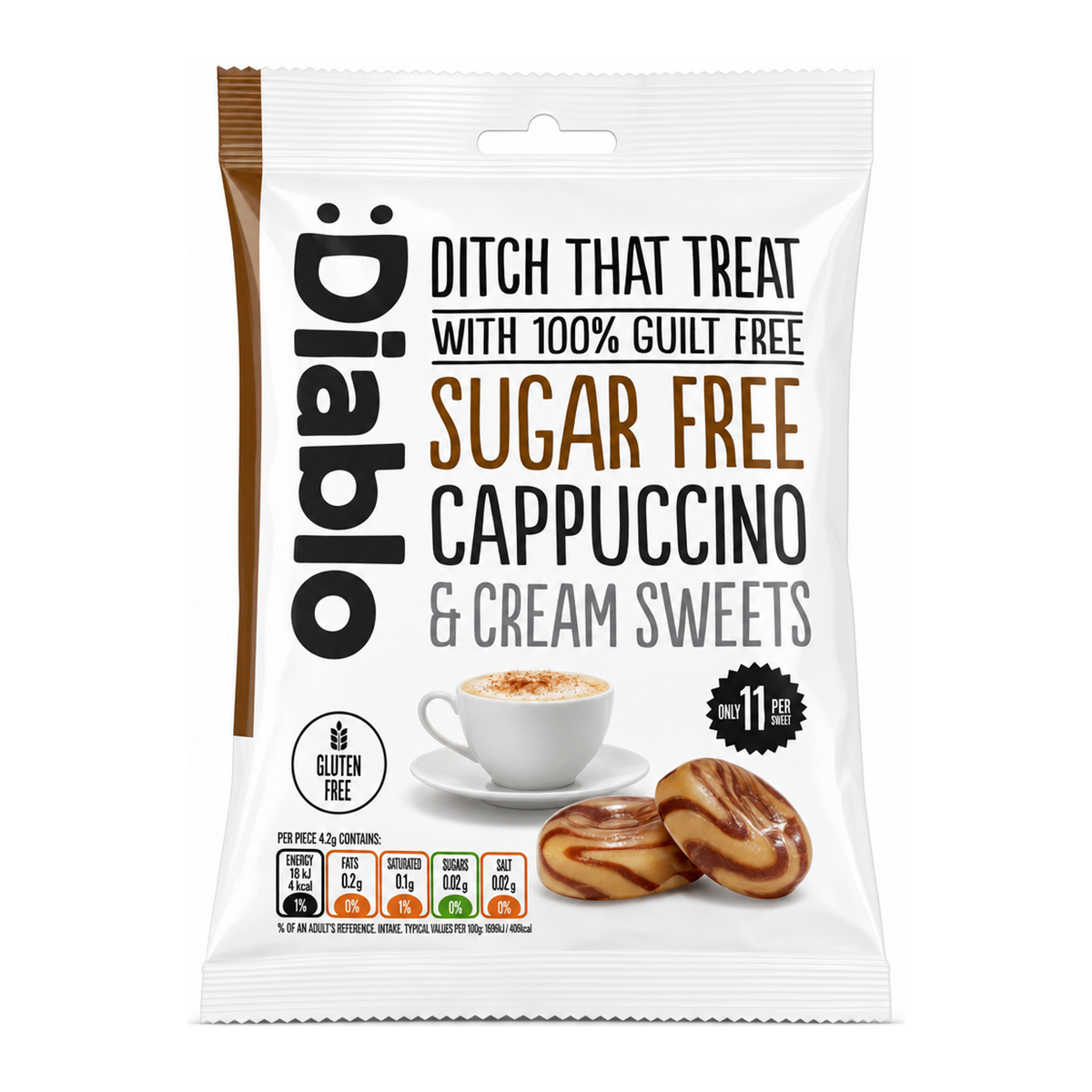 Diablo Sugar Free Cappuccino & Cream Sweets by Diablo Food & Drinks — front view showing product label and branding, studio product photo on white background