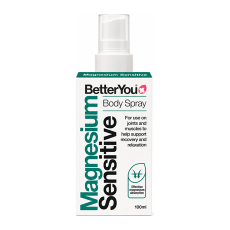 BetterYou Magnesium Oil Sensitive Spray by BetterYou Natural Remedies — front view showing product label and branding, studio product photo on white background