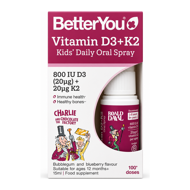 BetterYou Vitamin D + K2 Kids Daily Oral Spray by BetterYou Natural Remedies — front view showing product label and branding, studio product photo on white background