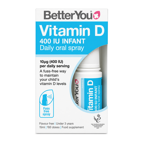BetterYou D400 Infant Vitamin D Daily Oral Spray by BetterYou Natural Remedies — front view showing product label and branding, studio product photo on white background