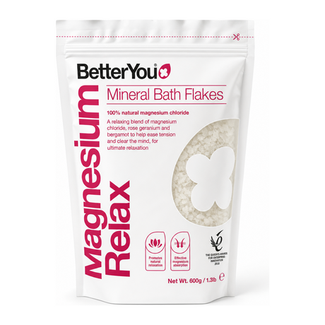 BetterYou Magnesium Flakes Relax by BetterYou Natural Beauty — front view showing product label and branding, studio product photo on white background