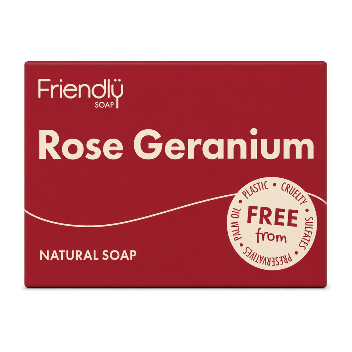 Friendly Soap Rose Geranium Soap by Friendly Soap Natural Beauty — front view showing product label and branding, studio product photo on white background