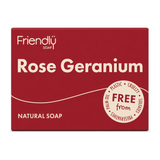 Friendly Soap Rose Geranium Soap by Friendly Soap Natural Beauty — front view showing product label and branding, studio product photo on white background