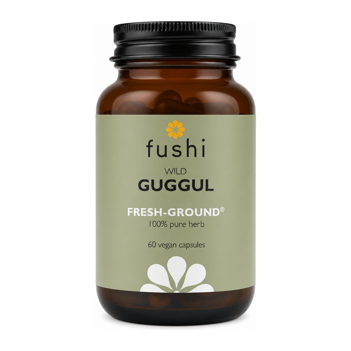 Fushi Wellbeing Guggul Capsules Organic 60 Veg Caps by Fushi Natural Remedies — front view showing product label and branding, studio product photo on white background