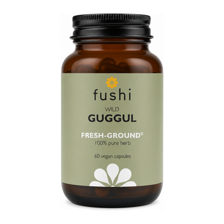 Fushi Wellbeing Guggul Capsules Organic 60 Veg Caps by Fushi Natural Remedies — front view showing product label and branding, studio product photo on white background