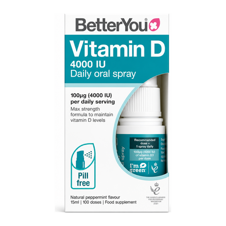 BetterYou D4000 Vitamin D Daily Oral Spray by BetterYou Natural Remedies — front view showing product label and branding, studio product photo on white background