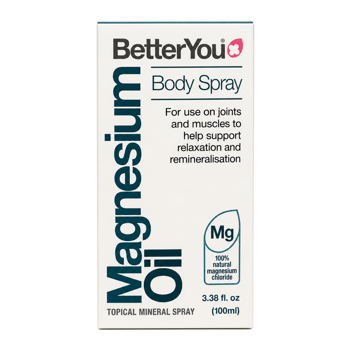 BetterYou Magnesium Oil Original spray by BetterYou Natural Remedies — front view showing product label and branding, studio product photo on white background