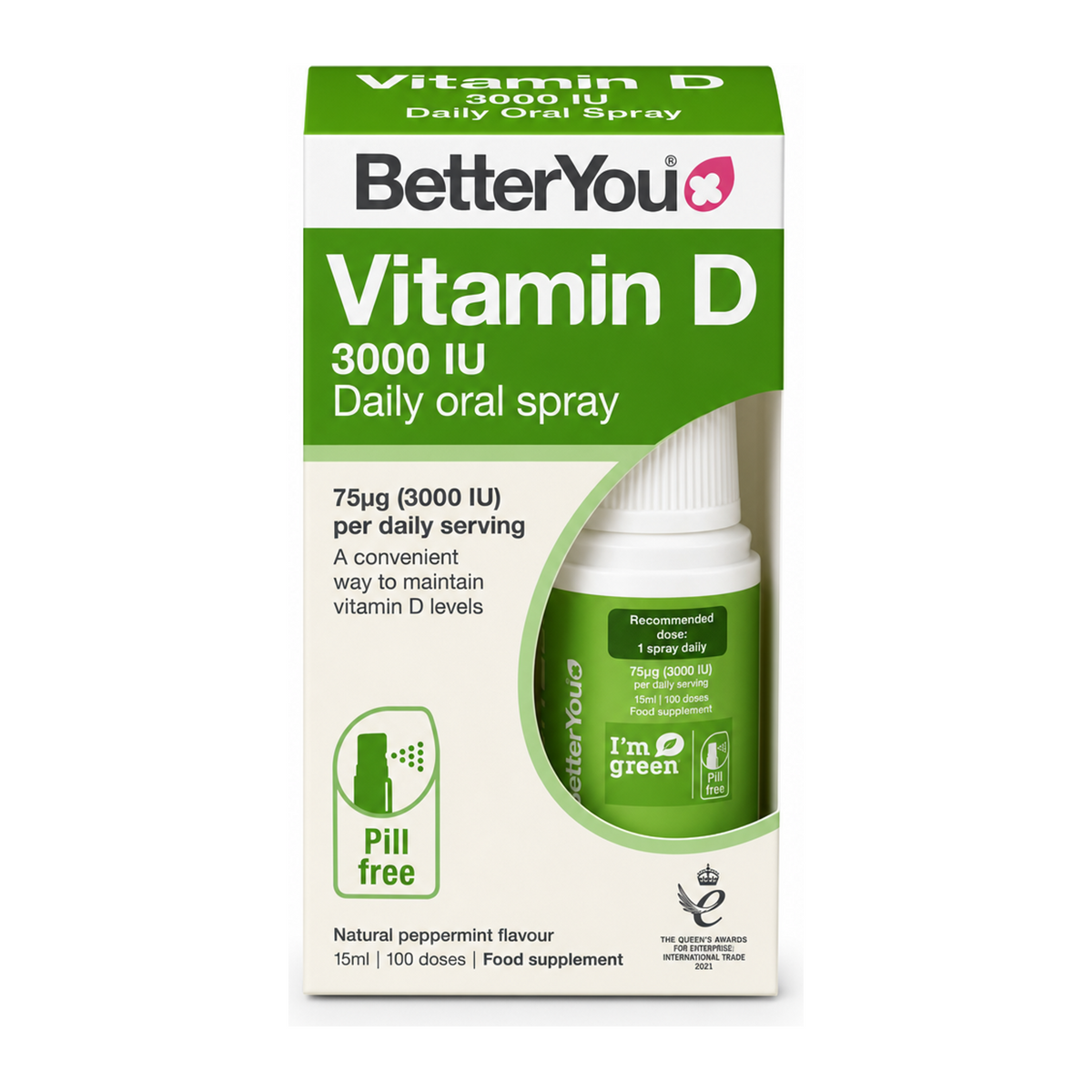 BetterYou D3000 Vitamin D Daily Oral Spray by BetterYou Natural Remedies — front view showing product label and branding, studio product photo on white background