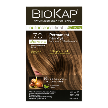 BioKap Natural Medium Blond 7.0 Rapid Permanent Hair Dye by BioKap Natural Beauty — front view showing product label and branding, studio product photo on white background