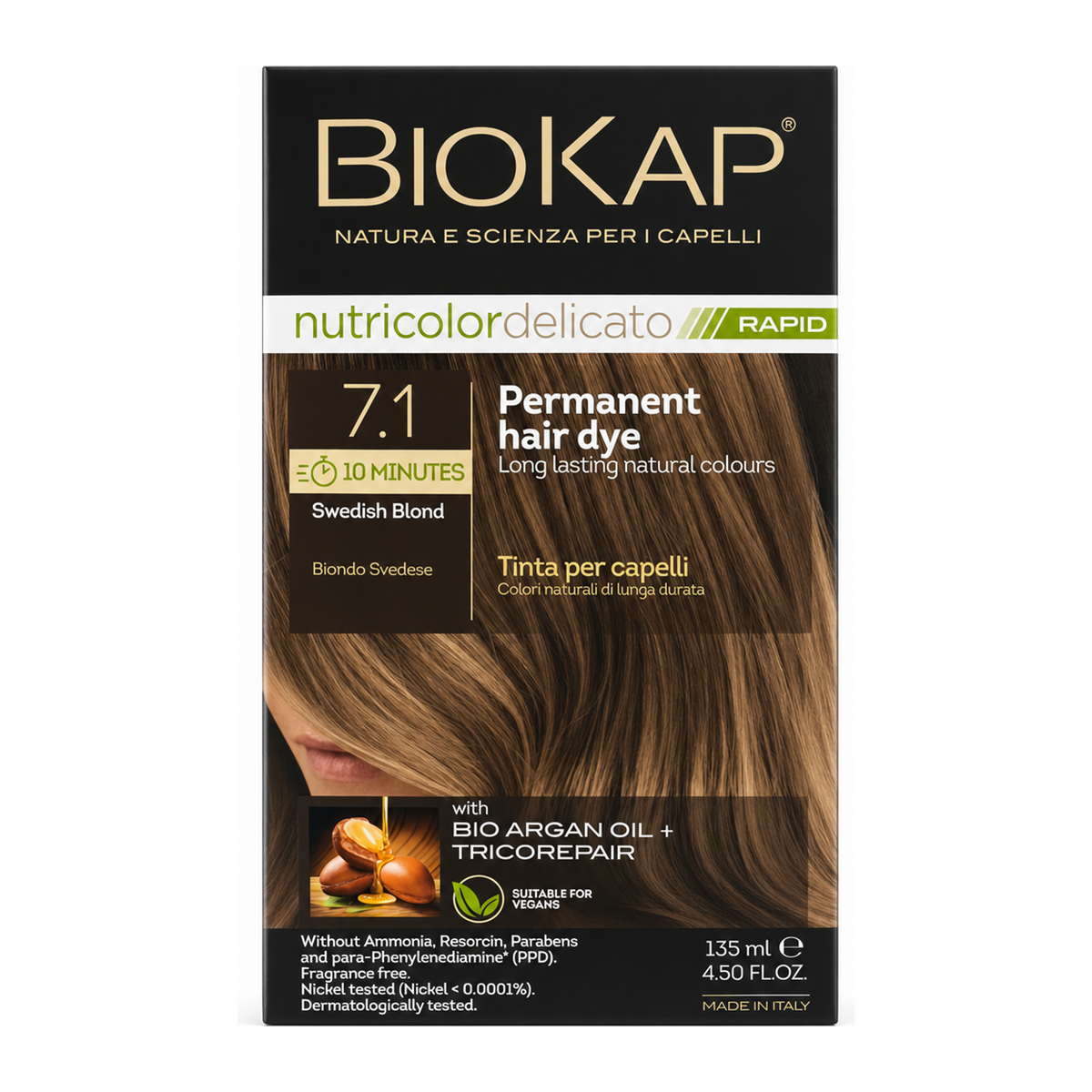 BioKap Swedish Blond 7.1 Hair Dye by BioKap Natural Beauty — front view showing product label and branding, studio product photo on white background