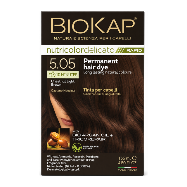 BioKap Chestnut Light Brown 5.05 Dye by BioKap Natural Beauty — front view showing product label and branding, studio product photo on white background