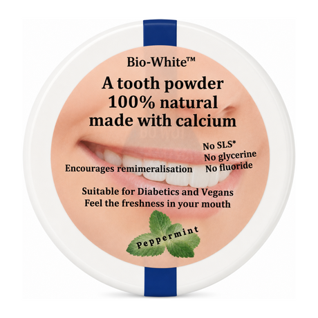 Bio-White Organic Tooth Powder Peppermint 35 g by Bio-White Natural Beauty — front view showing product label and branding, studio product photo on white background