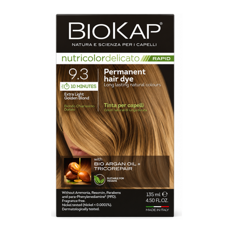 BioKap Extra Light Golden Blond 9.3 Rapid Permanent Hair Dye by BioKap Natural Beauty — front view showing product label and branding, studio product photo on white background