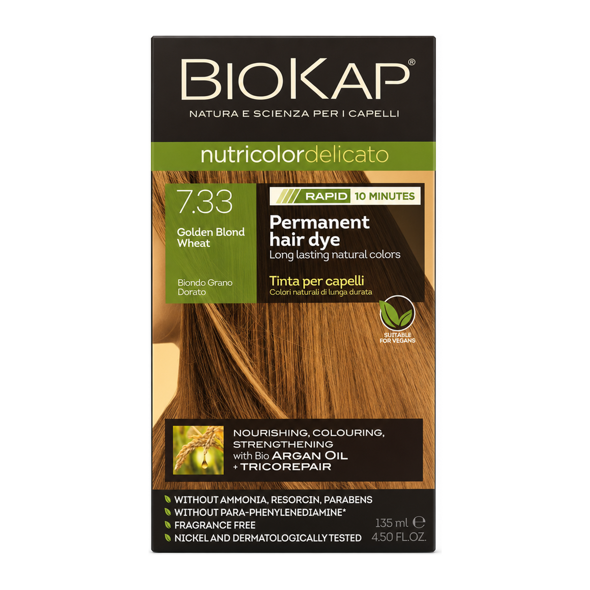 BioKap Golden Blond Wheat 7.33 Rapid Permanent Hair Dye by BioKap Natural Beauty — front view showing product label and branding, studio product photo on white background