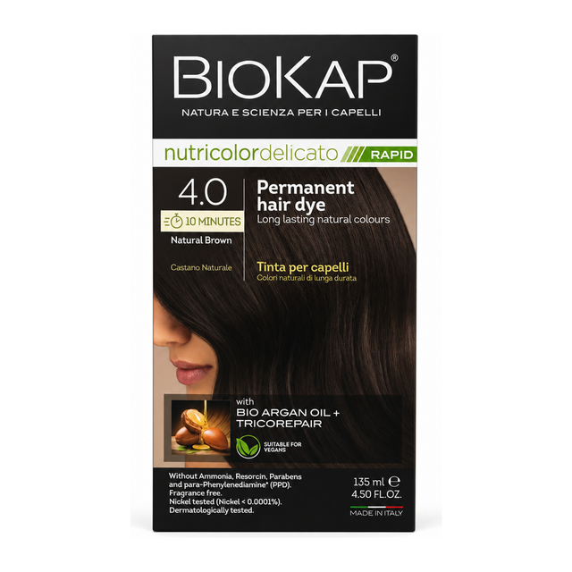 BioKap Natural Brown 4.0 Rapid Permanent Hair Dye by BioKap Natural Beauty — front view showing product label and branding, studio product photo on white background