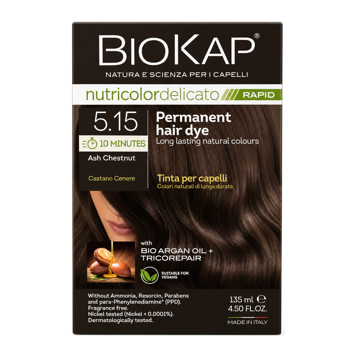 BioKap Ash Chestnut 5.15 Hair Dye by BioKap Natural Beauty — front view showing product label and branding, studio product photo on white background