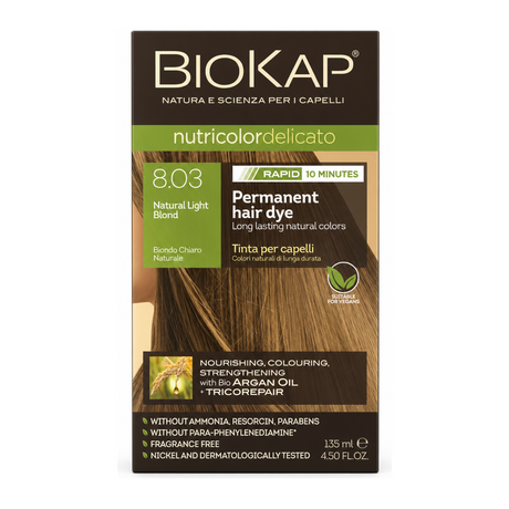 BioKap Natural Light Blond 8.03 Rapid Permanent Hair Dye by BioKap Natural Beauty — front view showing product label and branding, studio product photo on white background