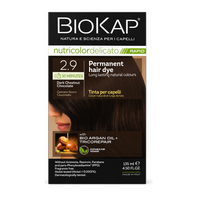 BioKap Dark Chocolate Chestnut 2.9 Rapid Permanent Hair Dye by BioKap Natural Beauty — front view showing product label and branding, studio product photo on white background